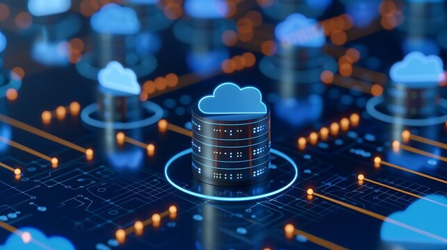 Futuristic Digital Cloud Database Connectivity with Multiple Data Servers and Neon Circuit Patterns
