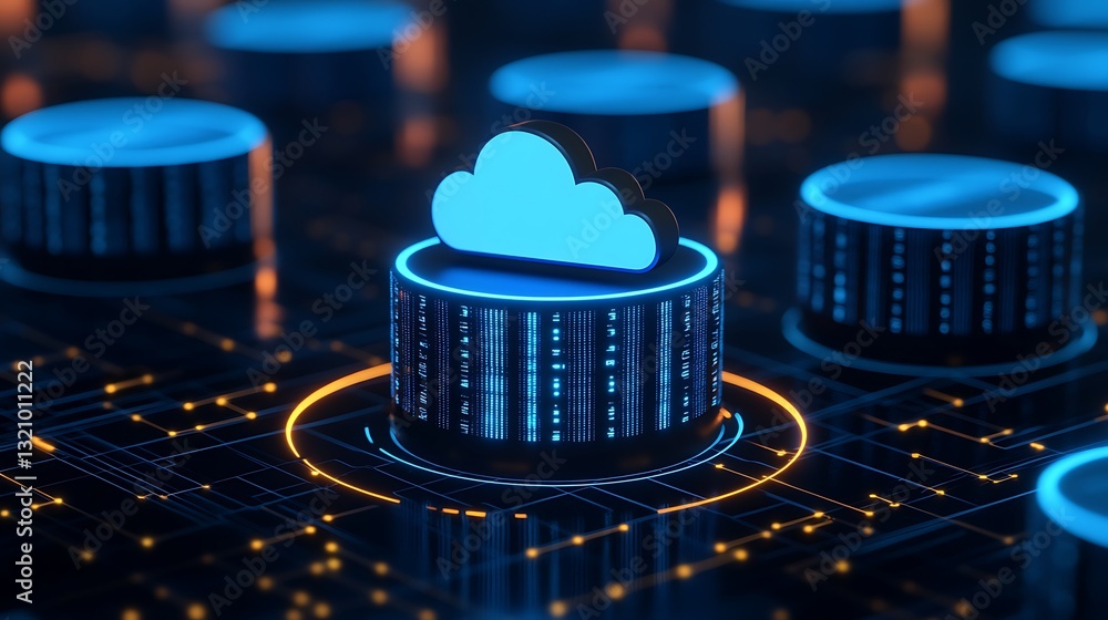 Poster futuristic digital cloud storage concept with neon elements and data visualization in a tech environ
