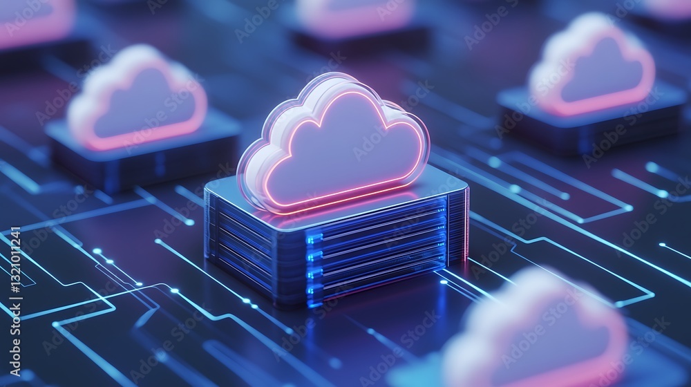 Poster futuristic digital cloud storage concept with neon elements on circuit board background