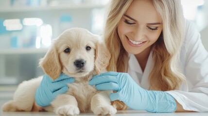 setting checking golden retriever puppy, providing compassionate care during medical examination Veterinarian modern clinic in