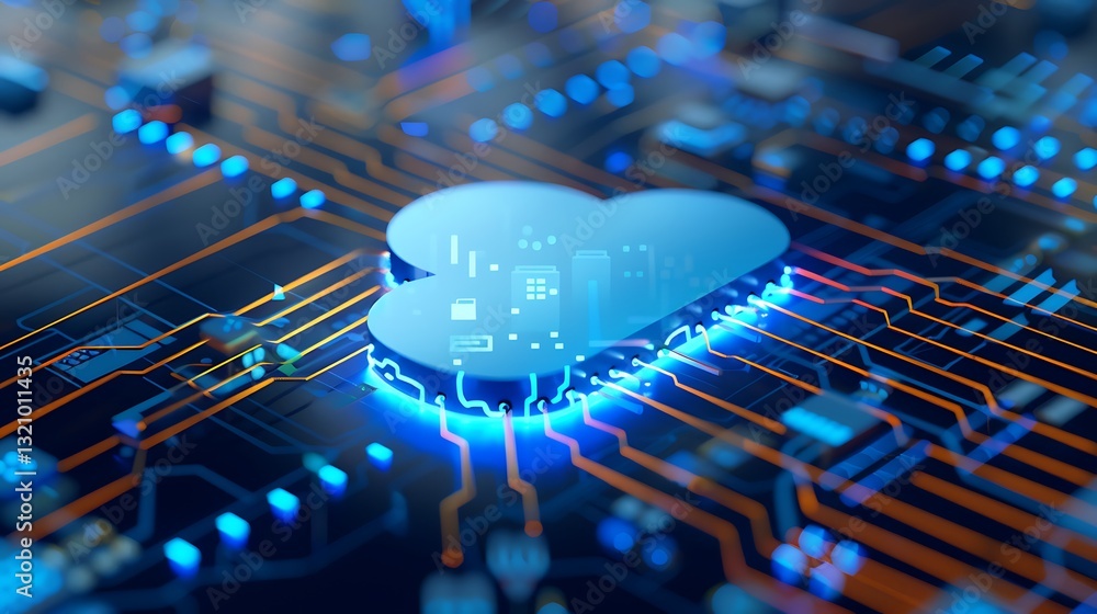 Poster futuristic digital cloud technology concept with circuit board and data visualization elements