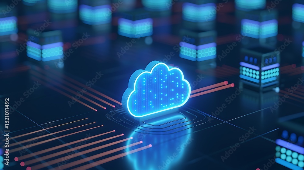 Poster futuristic digital cloud technology design with glowing cloud symbol and data connections in a virtu