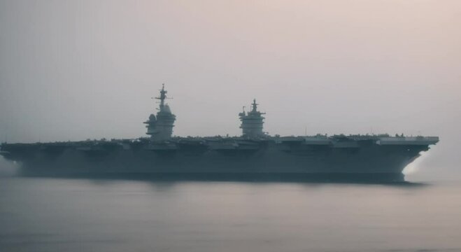 Aircraft Carrier Stealth Mode Activating in Foggy Waters
