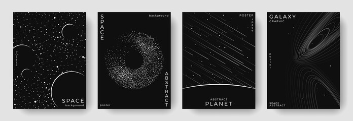 Set of abstract space astronomy backgrounds. Linear galaxy, meteorites, planet, solar system. Black and white science future concept. Futuristic minimal design for cover, poster, banner, brochure © Anastasiya Stoma