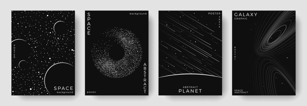Fototapeta Set of abstract space astronomy backgrounds. Linear galaxy, meteorites, planet, solar system. Black and white science future concept. Futuristic minimal design for cover, poster, banner, brochure