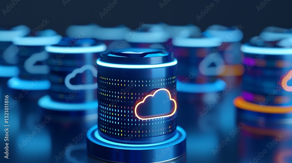 Poster futuristic digital servers with glowing cloud icons for technology and data storage concepts in a mo