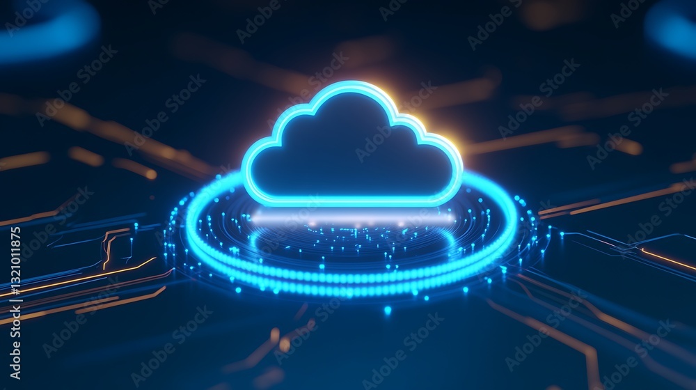 Poster futuristic glowing cloud symbol on circuit background for technology and digital innovation concepts