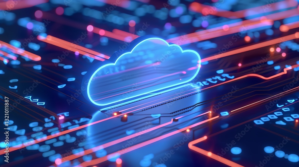 Poster futuristic illustration of cloud computing with digital circuit board background in neon colors