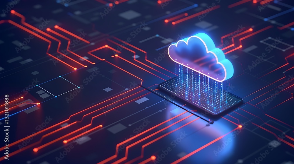 Poster futuristic laptop with cloud technology and data transfer concept in a digital circuit background