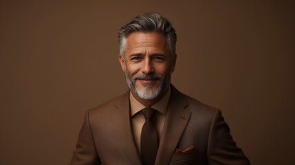 Obraz premium Handsome mid-aged Caucasian businessman in an elegant brown suit, looking confident and successful in a professional portrait, brown studio background.