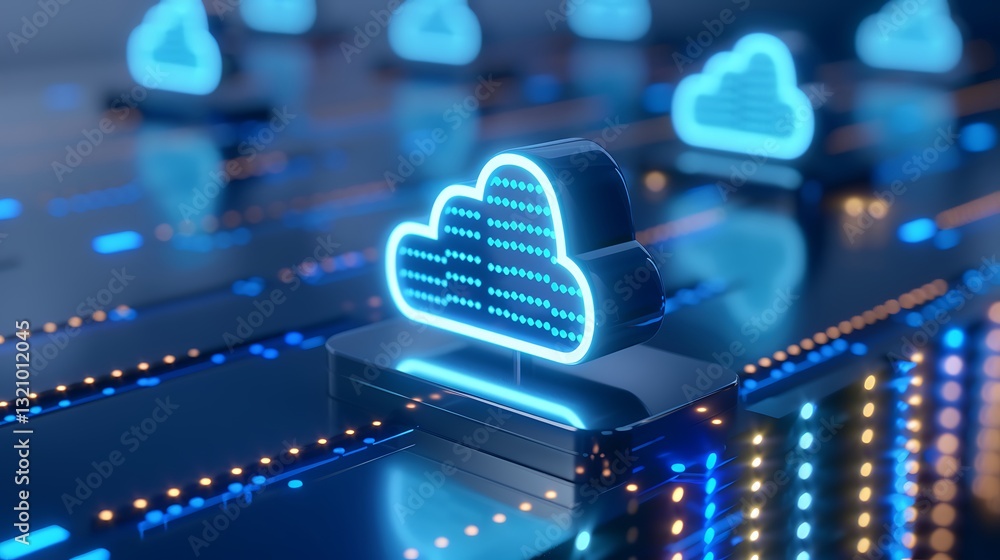 Poster futuristic neon cloud icon on digital circuit board representing data storage and connectivity in te