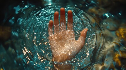 Fototapeta premium Hand entering water, ripples, natural light, meditative moment, peaceful scene, stock photo