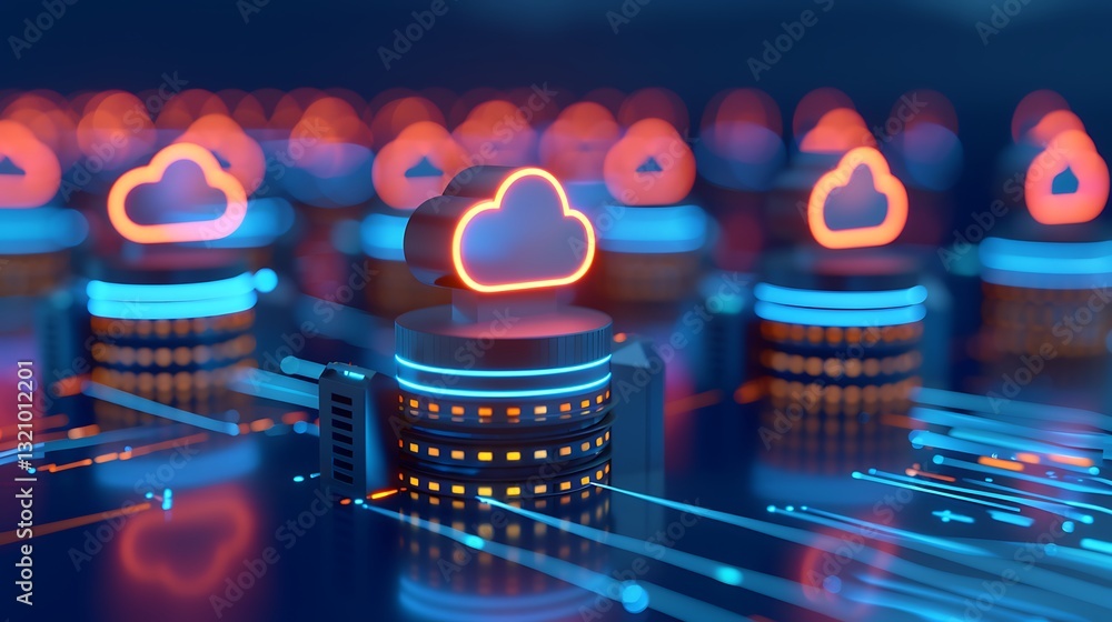 Poster futuristic server farm with illuminated cloud icons representing cloud computing technology and data