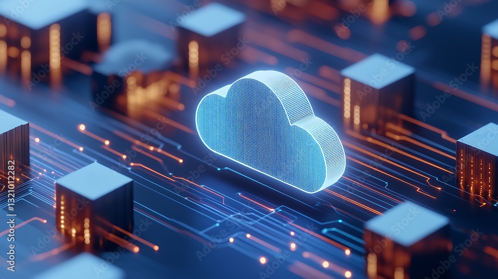 Poster glossy cloud symbol surrounded by digital circuitry and 3d cubes in a futuristic network concept