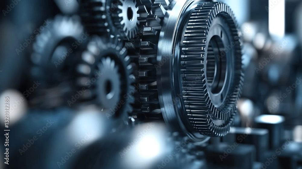 Poster intricate design. close up view of interlocking gears and complicated machinery components in motion