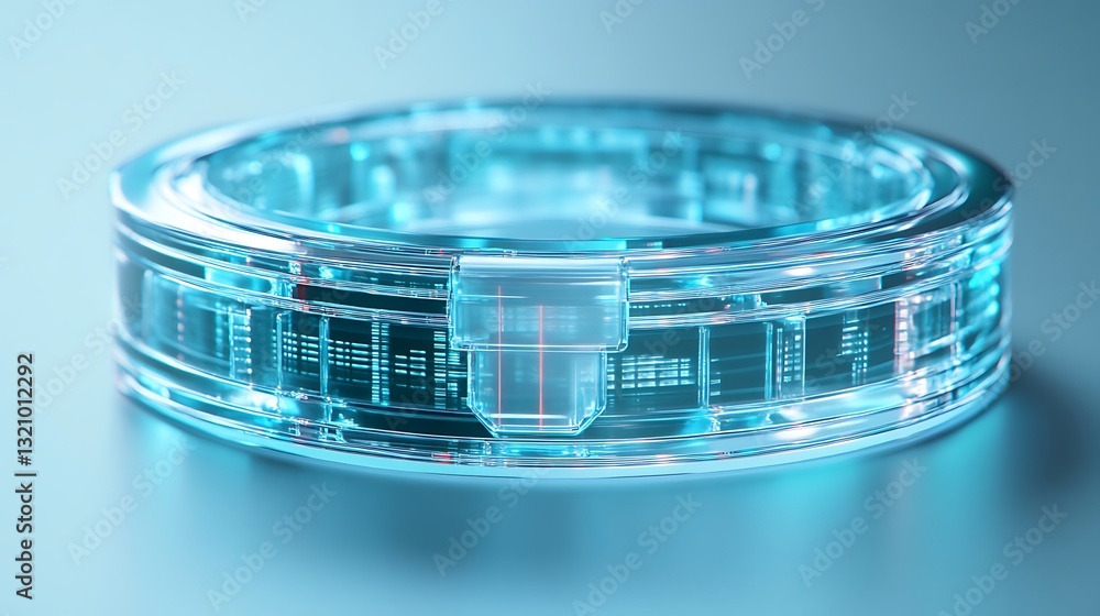 Poster futuristic transparent circular interface with high-tech data display and neon blue glow