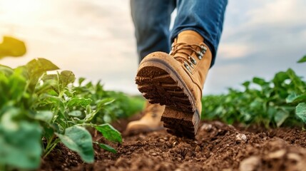 Fototapeta premium A close-up image captures a person walking on a farm field, showcasing sturdy boots stepping through rich, earthy soil, surrounded by vibrant green crops.