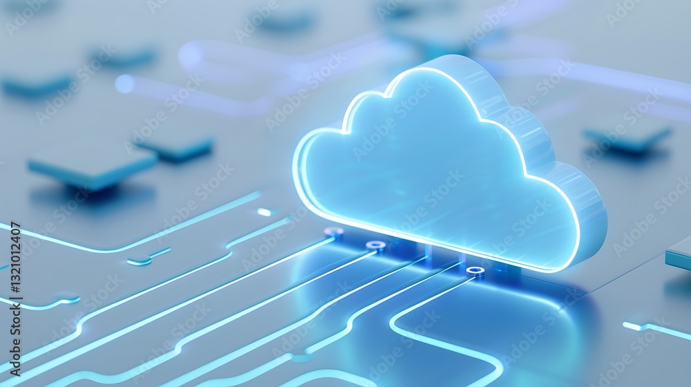 Poster glowing cloud icon with circuit board background representing digital data connectivity and cloud co