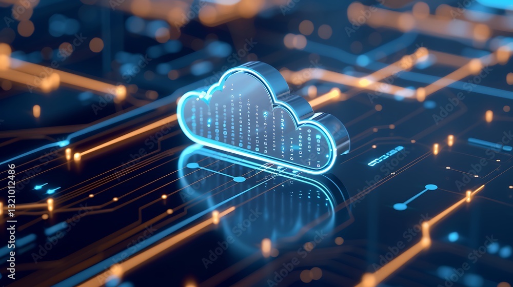 Poster glowing cloud technology illustration with digital data and circuit background for modern innovation