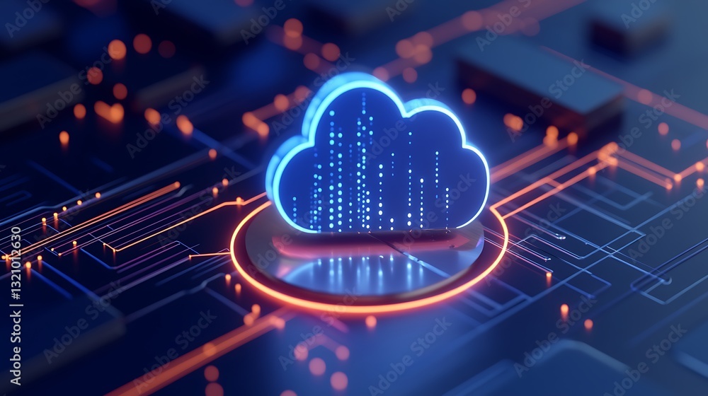 Poster high-tech cloud computing icon on a futuristic circuit board background with digital data flow visua