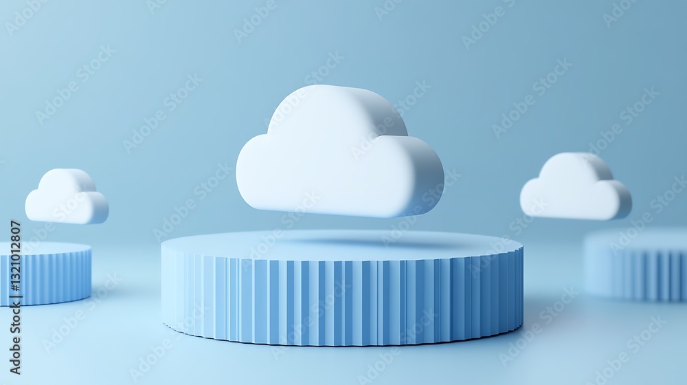 Poster minimalistic 3d clouds on soft blue background with layered platforms for creative design concepts