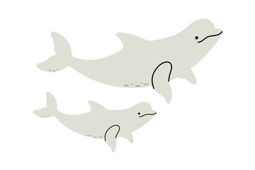 Flat vector illustration of a beluga mother with her baby, ocean wildlife, marine life, isolated on white background.
