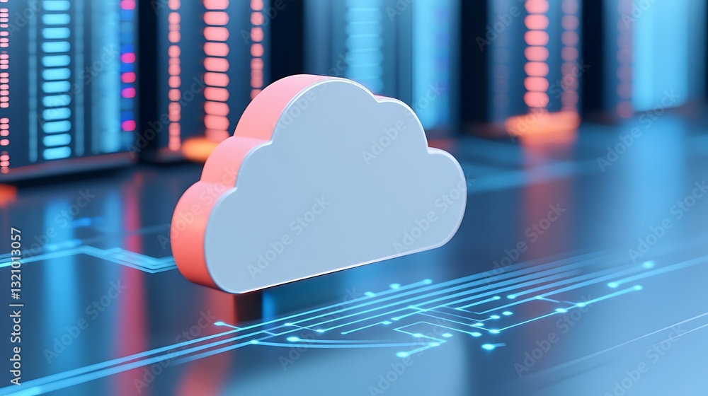 Poster modern cloud computing concept with abstract data servers, cloud icon, and neon circuit design in a 