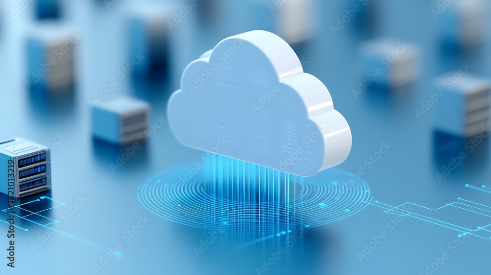 Poster modern cloud computing concept with data transmission and server icons on digital background
