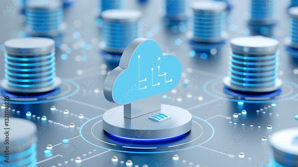 Poster modern cloud computing concept with database visualizations and data connection lines on digital sur