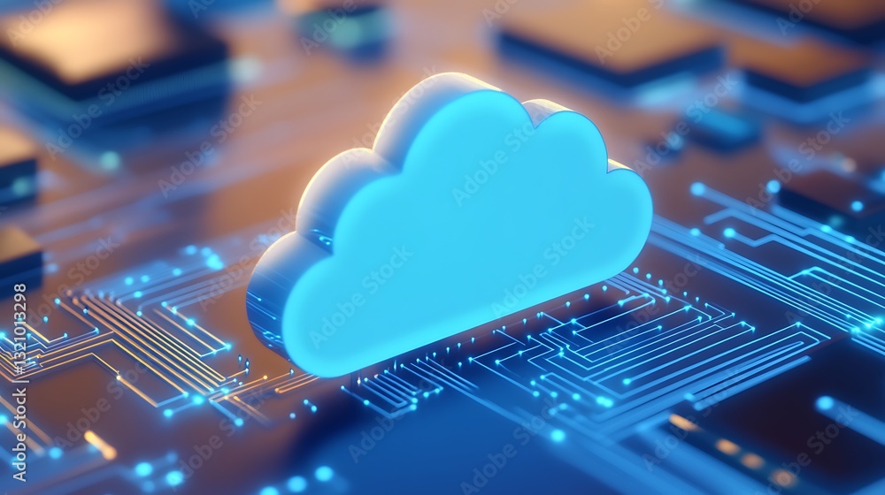 Poster modern cloud computing concept with digital circuitry and blue cloud icon on futuristic background