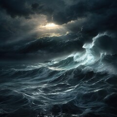 Fototapeta premium A Tempestuous Ocean Battling A Brooding Sky, Where Colossal Waves Crash Under A Dramatic, Sun-pierced Storm