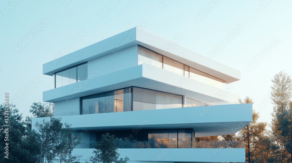 Leinwandbilder a beautifully designed modern building stands out amidst lush greenery. its geometric form captures 