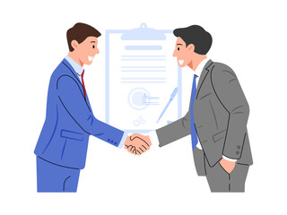 Two business partners sealing a deal with a handshake, with a signed contract symbolizing their agreement.