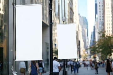 Blank white banners hanging from city streetlight poles, in front of pedestrian walkways and buildings