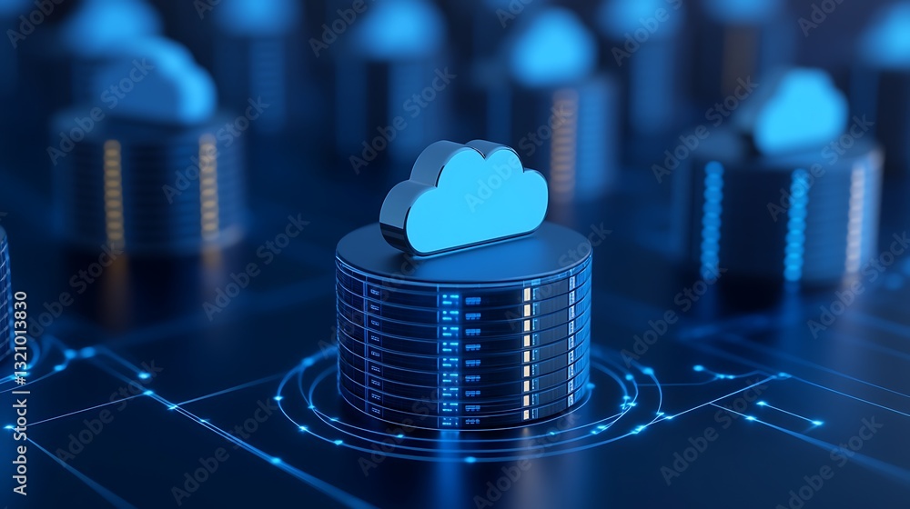 Poster modern cloud computing technology concept with data storage and virtual interaction in blue tone