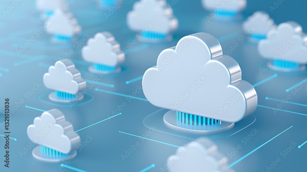 Poster modern cloud computing technology concept with abstract blue background and 3d cloud icons