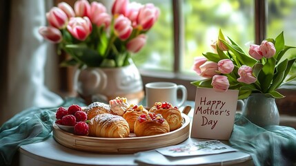 A serene Mother's Day scene featuring pastries, flowers, and a heartfelt card, ideal for promoting brunch ideas, greeting cards, or wellness content for caregivers.