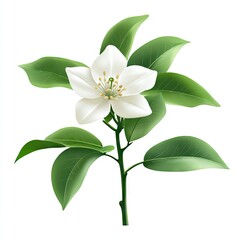 Obraz premium Vibrant white flower with lush green leaves on a stem. A detailed illustration of a citrus blossom
