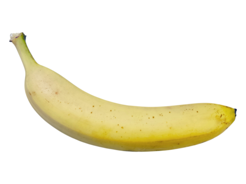 A single, ripe banana isolated on a white background.  Perfect for health, food, and wellness concepts.  Its vibrant yellow hue and natural imperfections add realism and appeal.
