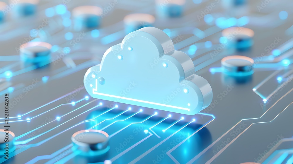 Poster modern cloud technology concept with glowing circuit board and three-dimensional cloud icon
