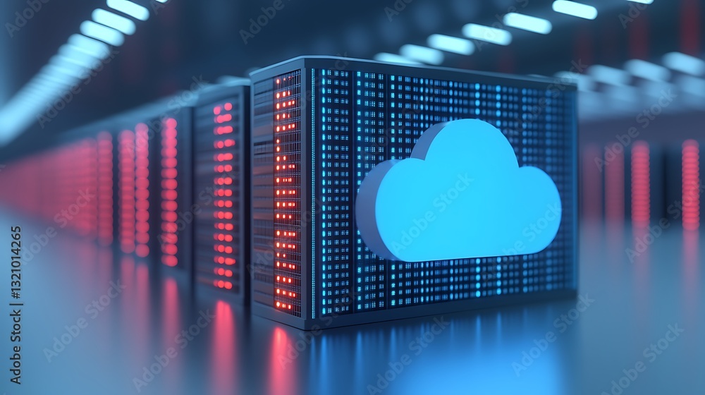 Poster modern data center with illuminated cloud storage icon and digital interface in a futuristic environ