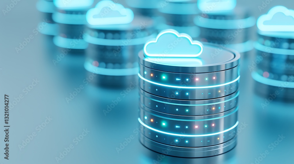 Aufkleber modern data storage concept with cloud computing icons on metallic server stacks in futuristic style