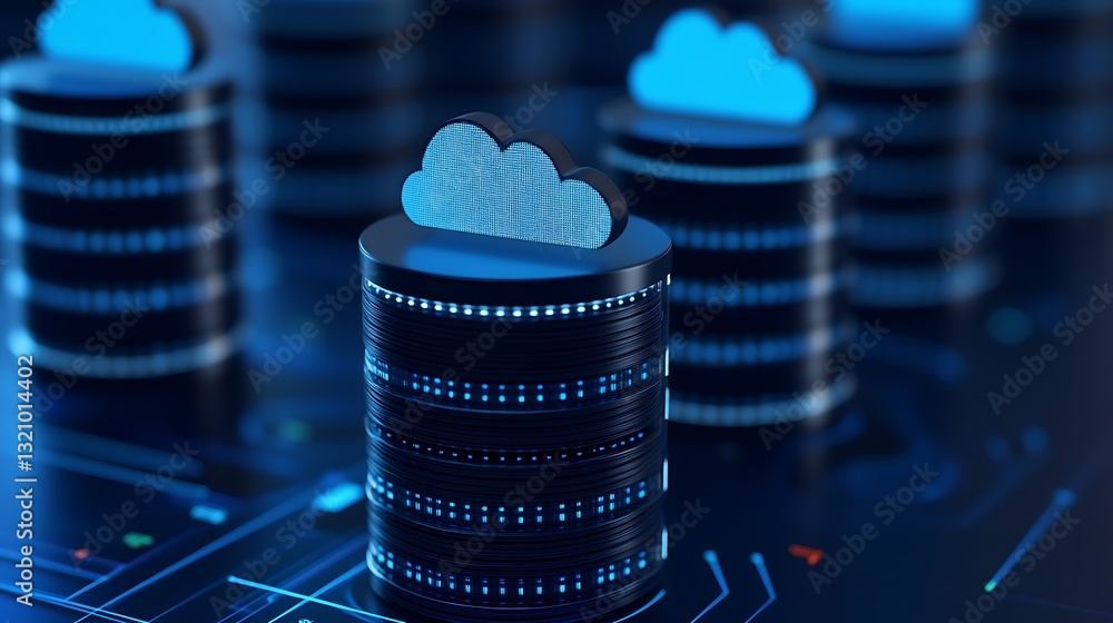 Poster modern digital cloud computing concept with data storage units and cloud symbols on high-tech backgr