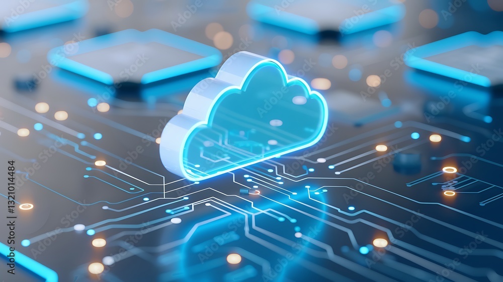 Poster modern technology cloud icon over circuit board background with glowing elements and abstract digita