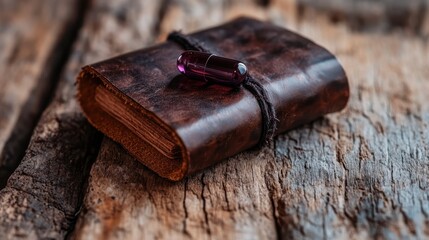 A beautiful vintage leather-bound journal rests on rustic wood, adorned with a purple capsule that adds a mysterious touch, inviting contemplation and reflection.