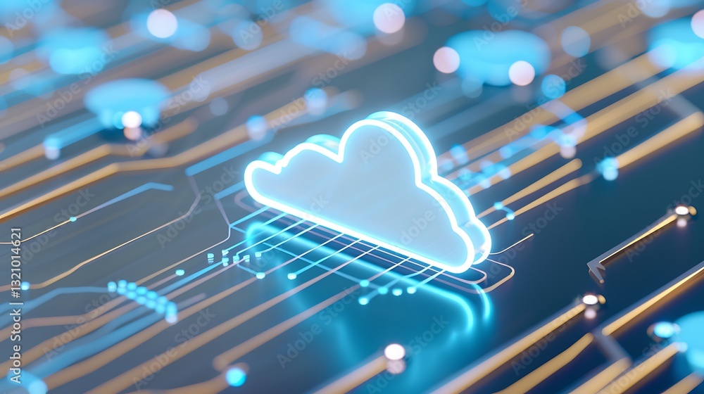Poster neon cloud icon on futuristic circuit board background representing digital cloud computing technolo