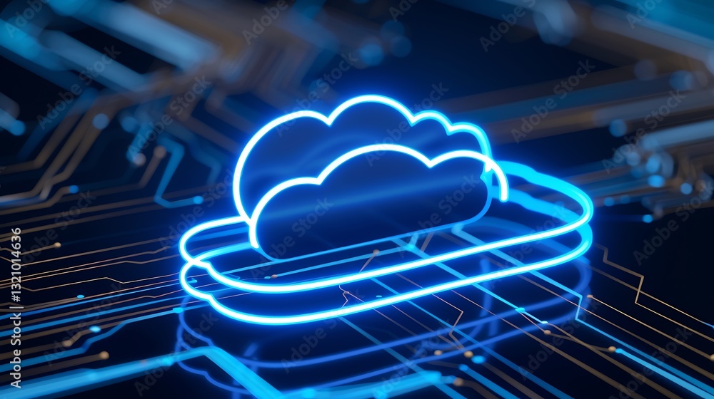 Poster neon cloud icon with circuit board background illustrating cloud computing and digital technology co