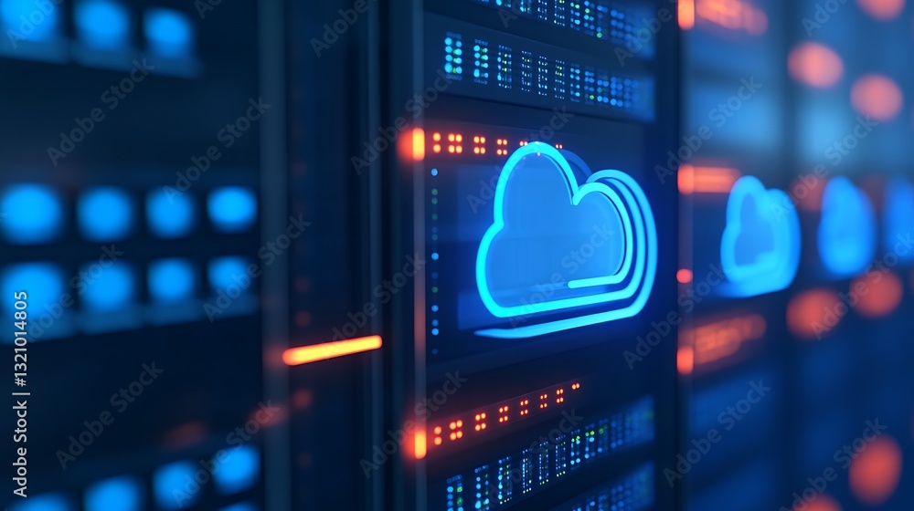 Poster neon cloud storage icon illuminated on a server rack in a modern data center control room