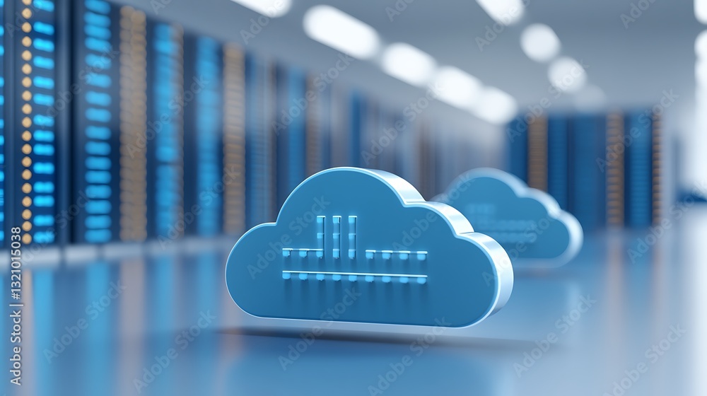 Poster three blue cloud computing icons in a modern server room with glowing lights and an advanced technol