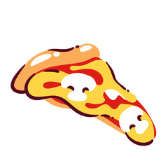 Pizza cartoon slice of triangle shape. Funny takeout yummy pizza piece with mushrooms and melting cheese, crispy crust and sauce. Fast food, snack mascot, cartoon delicious cut vector illustration